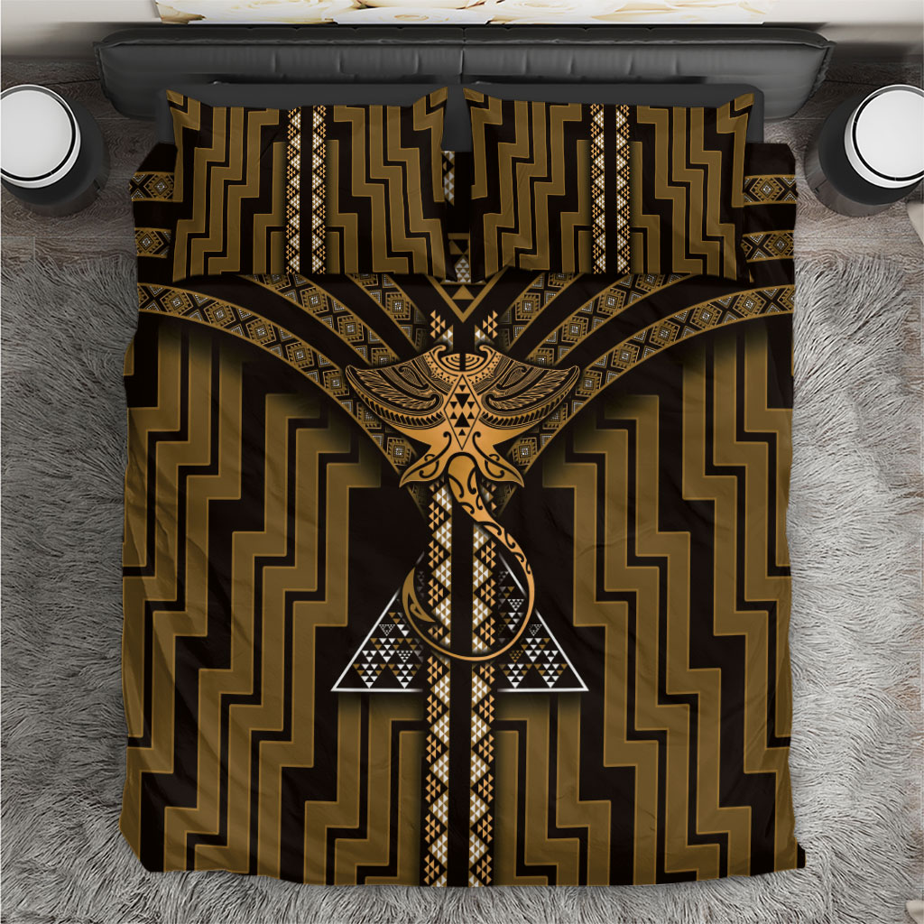 New Zealand Manta Ray Bedding Set Maori Tukutuku Taniko Motifs Gold