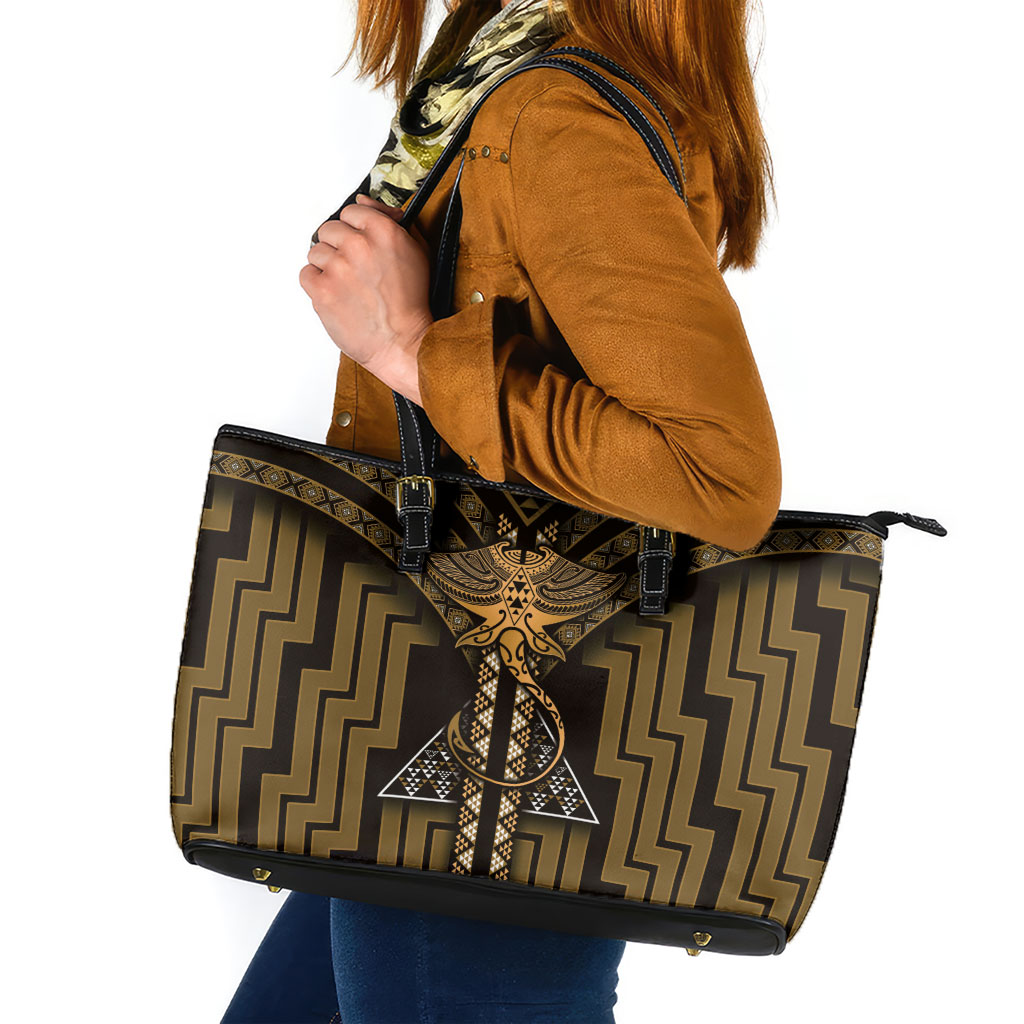 New Zealand Manta Ray Leather Tote Bag Maori Tukutuku Taniko Motifs Gold