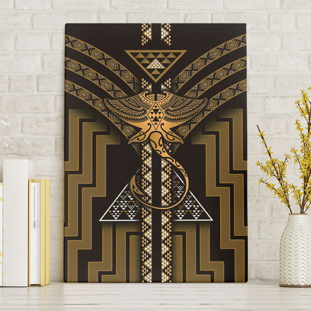 New Zealand Manta Ray Canvas Wall Art Maori Tukutuku Taniko Motifs Gold