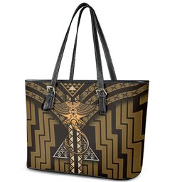 New Zealand Manta Ray Leather Tote Bag Maori Tukutuku Taniko Motifs Gold