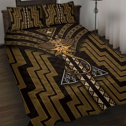 New Zealand Manta Ray Quilt Bed Set Maori Tukutuku Taniko Motifs Gold