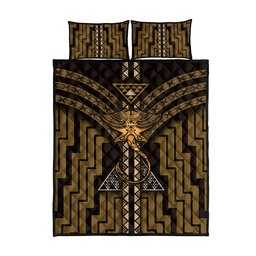 New Zealand Manta Ray Quilt Bed Set Maori Tukutuku Taniko Motifs Gold