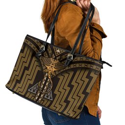 New Zealand Manta Ray Leather Tote Bag Maori Tukutuku Taniko Motifs Gold