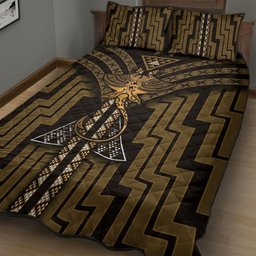 New Zealand Manta Ray Quilt Bed Set Maori Tukutuku Taniko Motifs Gold