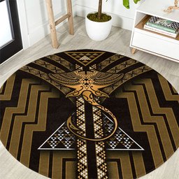 New Zealand Manta Ray Round Carpet Maori Tukutuku Taniko Motifs Gold