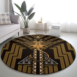 New Zealand Manta Ray Round Carpet Maori Tukutuku Taniko Motifs Gold