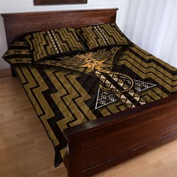 New Zealand Manta Ray Quilt Bed Set Maori Tukutuku Taniko Motifs Gold
