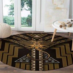 New Zealand Manta Ray Round Carpet Maori Tukutuku Taniko Motifs Gold