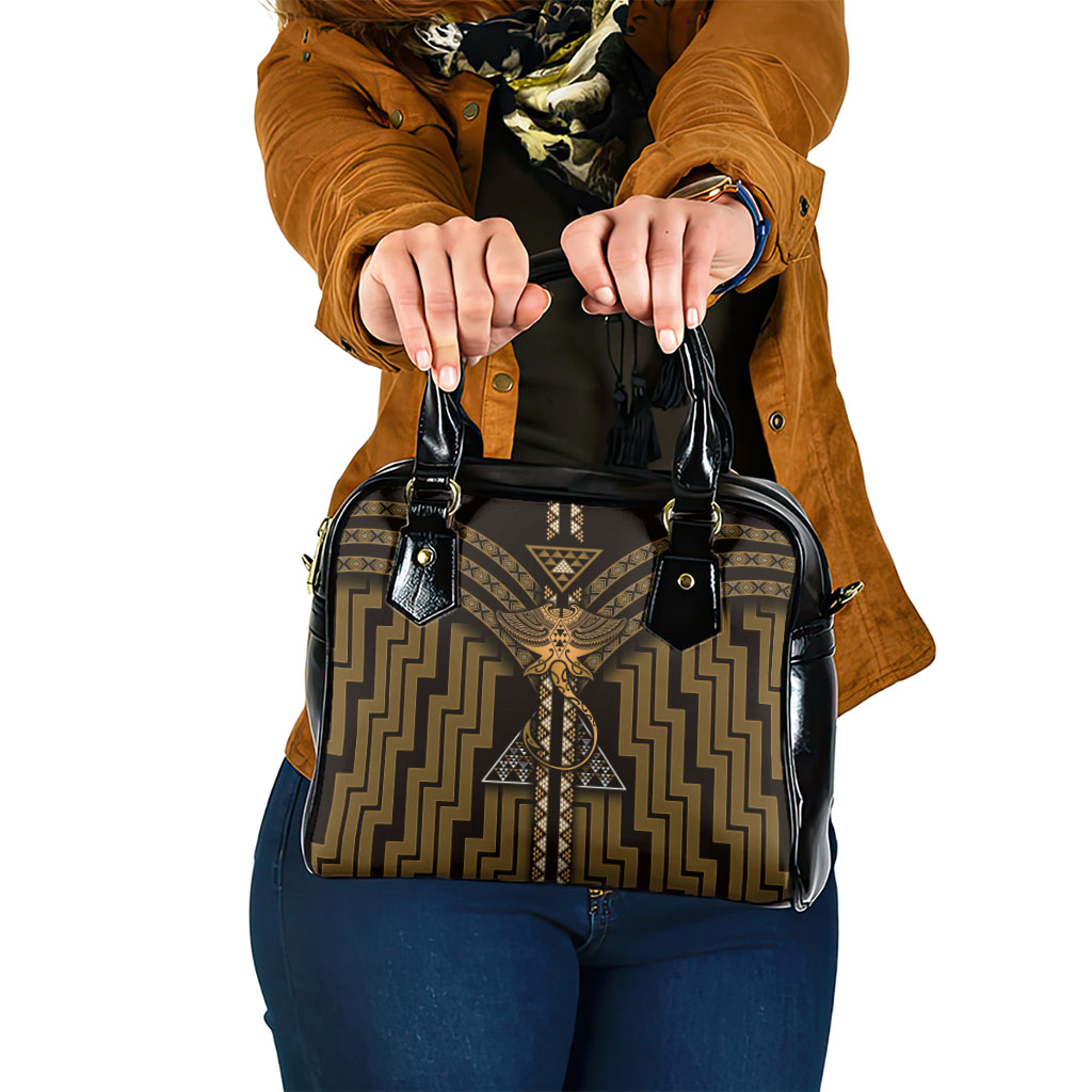 New Zealand Manta Ray Shoulder Handbag Maori Tukutuku Taniko Motifs Gold