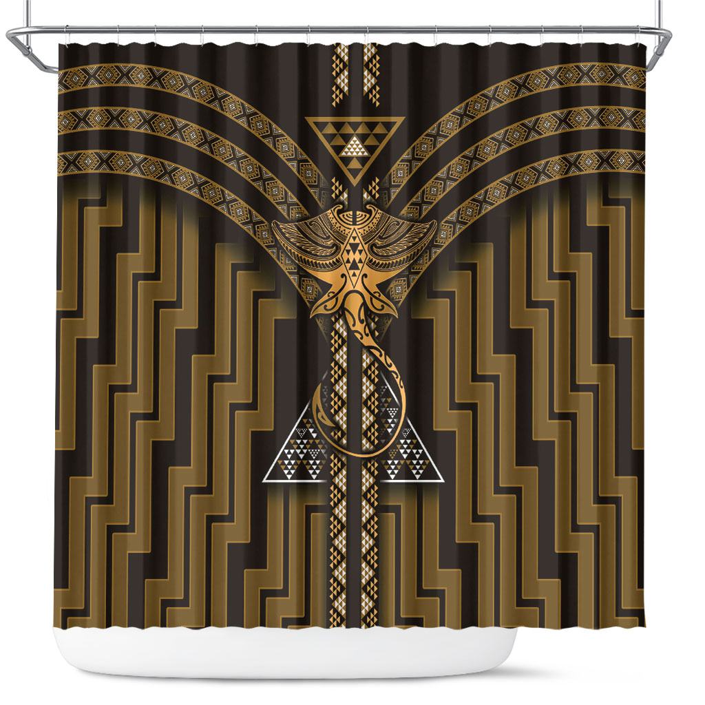 New Zealand Manta Ray Shower Curtain Maori Tukutuku Taniko Motifs Gold
