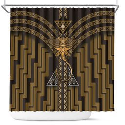 New Zealand Manta Ray Shower Curtain Maori Tukutuku Taniko Motifs Gold