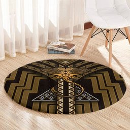 New Zealand Manta Ray Round Carpet Maori Tukutuku Taniko Motifs Gold