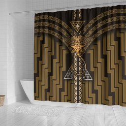 New Zealand Manta Ray Shower Curtain Maori Tukutuku Taniko Motifs Gold