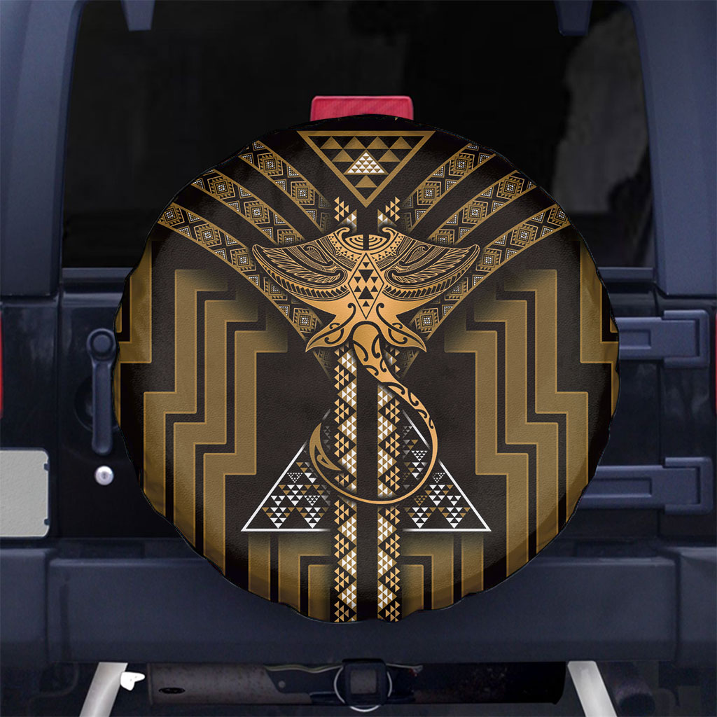 New Zealand Manta Ray Spare Tire Cover Maori Tukutuku Taniko Motifs Gold