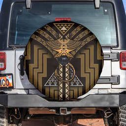 New Zealand Manta Ray Spare Tire Cover Maori Tukutuku Taniko Motifs Gold