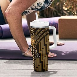 New Zealand Manta Ray Tumbler With Handle Maori Tukutuku Taniko Motifs Gold