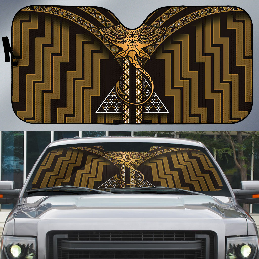 New Zealand Manta Ray Auto Sun Shade Maori Tukutuku Taniko Motifs Gold