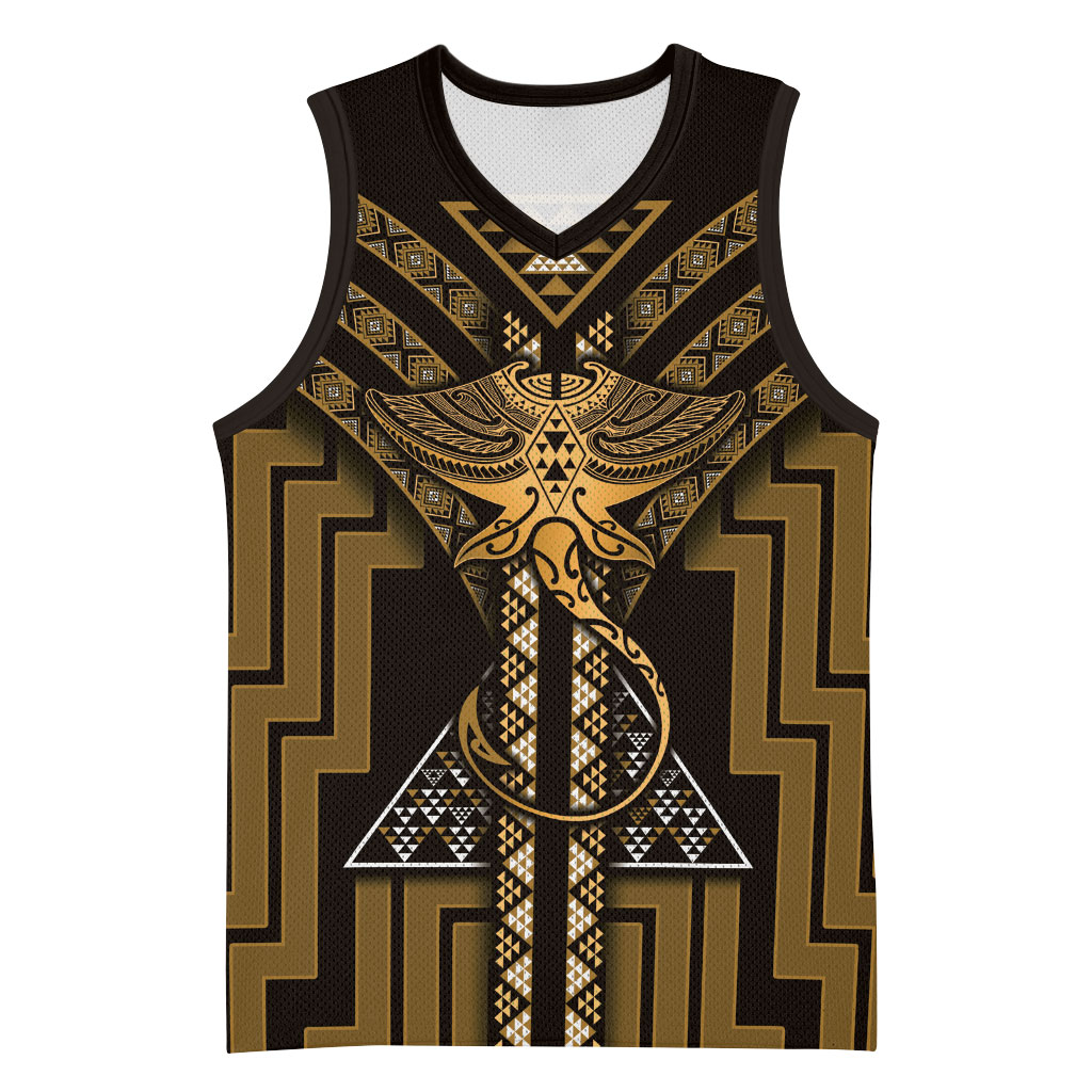 New Zealand Manta Ray Basketball Jersey Maori Tukutuku Taniko Motifs Gold