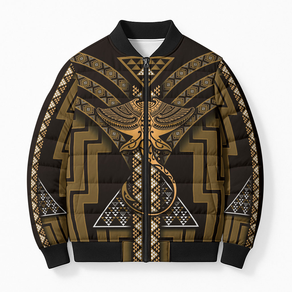 New Zealand Manta Ray Bomber Puffer Jacket Maori Tukutuku Taniko Motifs Gold