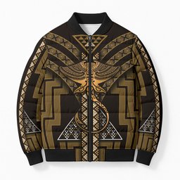 New Zealand Manta Ray Bomber Puffer Jacket Maori Tukutuku Taniko Motifs Gold