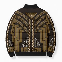 New Zealand Manta Ray Bomber Puffer Jacket Maori Tukutuku Taniko Motifs Gold