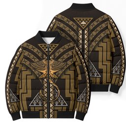 New Zealand Manta Ray Bomber Puffer Jacket Maori Tukutuku Taniko Motifs Gold