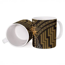 New Zealand Manta Ray Ceramic Mug Maori Tukutuku Taniko Motifs Gold