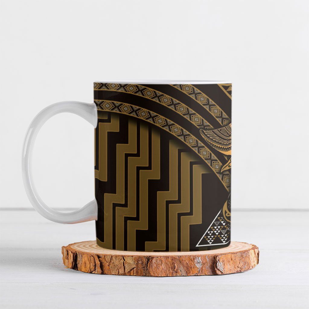 New Zealand Manta Ray Ceramic Mug Maori Tukutuku Taniko Motifs Gold