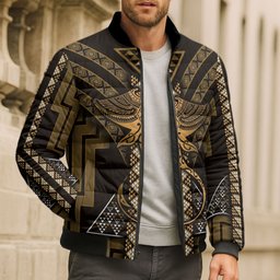 New Zealand Manta Ray Bomber Puffer Jacket Maori Tukutuku Taniko Motifs Gold