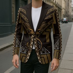 New Zealand Manta Ray Blazer Maori Tukutuku Taniko Motifs Gold