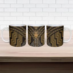 New Zealand Manta Ray Ceramic Mug Maori Tukutuku Taniko Motifs Gold