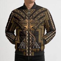New Zealand Manta Ray Bomber Puffer Jacket Maori Tukutuku Taniko Motifs Gold