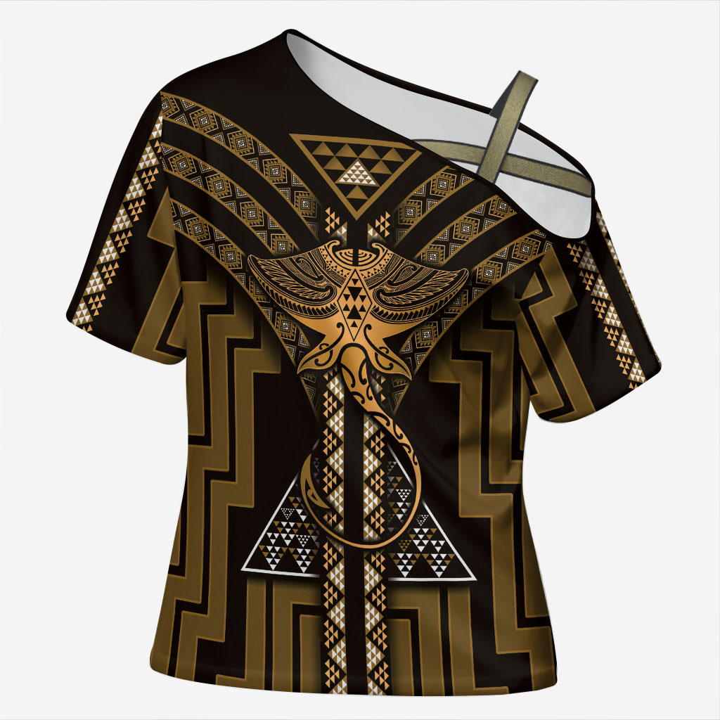 New Zealand Manta Ray Cross Shoulder Shirt Maori Tukutuku Taniko Motifs Gold
