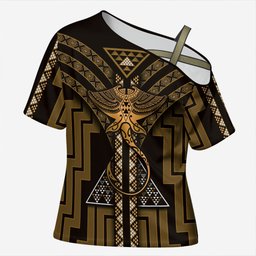 New Zealand Manta Ray Cross Shoulder Shirt Maori Tukutuku Taniko Motifs Gold