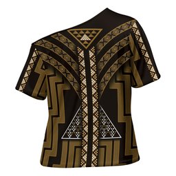 New Zealand Manta Ray Cross Shoulder Shirt Maori Tukutuku Taniko Motifs Gold