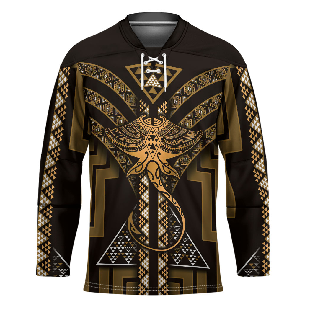 New Zealand Manta Ray Hockey Jersey Maori Tukutuku Taniko Motifs Gold
