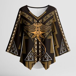 New Zealand Manta Ray Kimono Sleeve Blouse Maori Tukutuku Taniko Motifs Gold