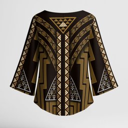 New Zealand Manta Ray Kimono Sleeve Blouse Maori Tukutuku Taniko Motifs Gold
