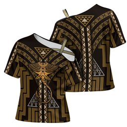 New Zealand Manta Ray Cross Shoulder Shirt Maori Tukutuku Taniko Motifs Gold