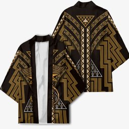 New Zealand Manta Ray Kimono Maori Tukutuku Taniko Motifs Gold