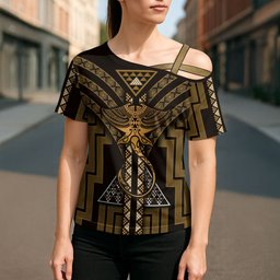 New Zealand Manta Ray Cross Shoulder Shirt Maori Tukutuku Taniko Motifs Gold
