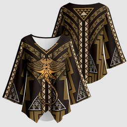 New Zealand Manta Ray Kimono Sleeve Blouse Maori Tukutuku Taniko Motifs Gold