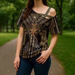 New Zealand Manta Ray Cross Shoulder Shirt Maori Tukutuku Taniko Motifs Gold