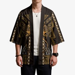New Zealand Manta Ray Kimono Maori Tukutuku Taniko Motifs Gold