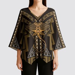 New Zealand Manta Ray Kimono Sleeve Blouse Maori Tukutuku Taniko Motifs Gold