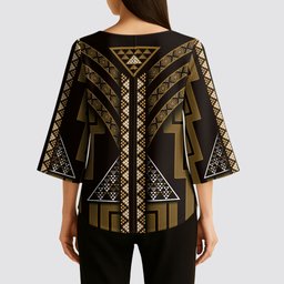 New Zealand Manta Ray Kimono Sleeve Blouse Maori Tukutuku Taniko Motifs Gold