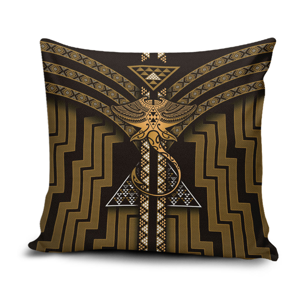 New Zealand Manta Ray Pillow Cover Maori Tukutuku Taniko Motifs Gold