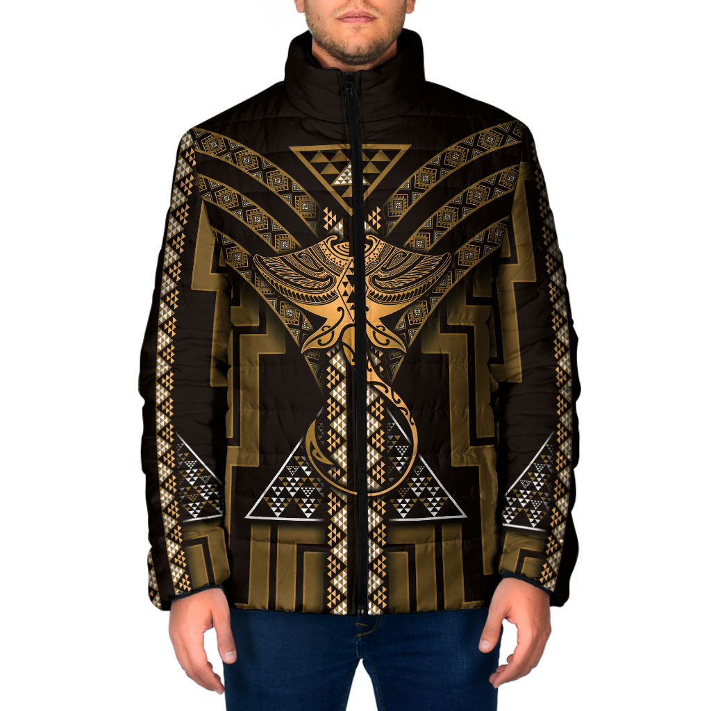 New Zealand Manta Ray Padded Jacket Maori Tukutuku Taniko Motifs Gold