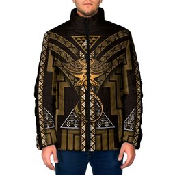 New Zealand Manta Ray Padded Jacket Maori Tukutuku Taniko Motifs Gold