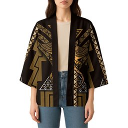 New Zealand Manta Ray Kimono Maori Tukutuku Taniko Motifs Gold